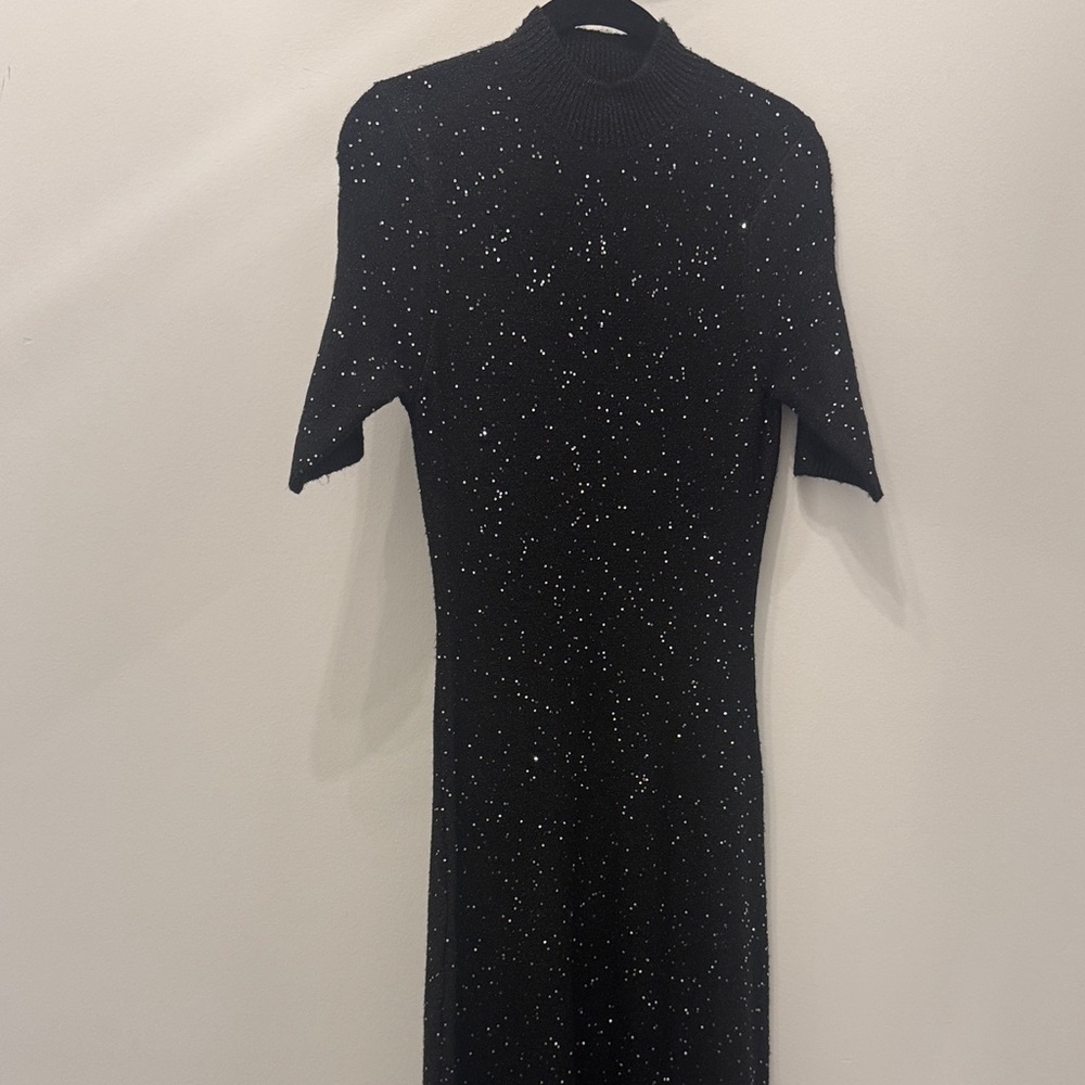 Steve Madden Black Sparkle Short-Sleeve Midi Dress